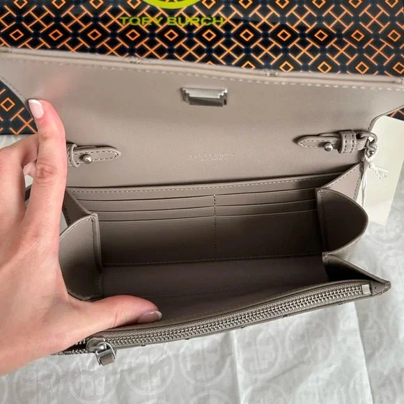Tory Burch Willa Matte Chain Wallet Crossbody Bag Gray Heron Silver Grey - Picture 8 of 12